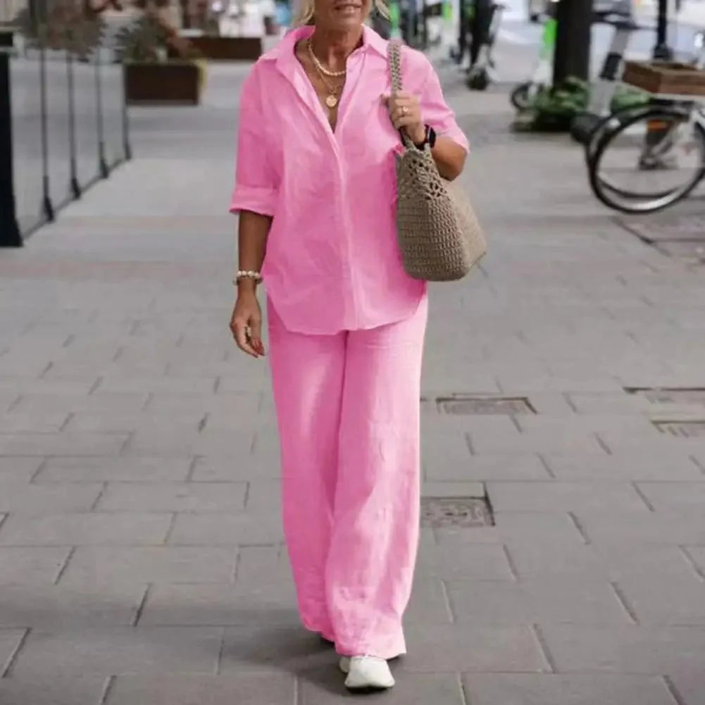 Ensemble Femme Lin Décontracté Élégant Manches Courtes Chemisier Boutonné – Haut Respirant et Pantalon Large – Tenue Légère d’Été