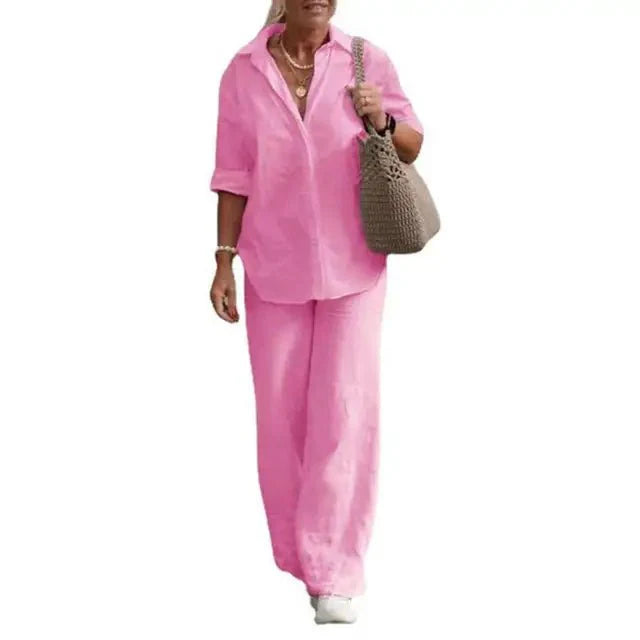 Ensemble Femme Lin Décontracté Élégant Manches Courtes Chemisier Boutonné – Haut Respirant et Pantalon Large – Tenue Légère d’Été