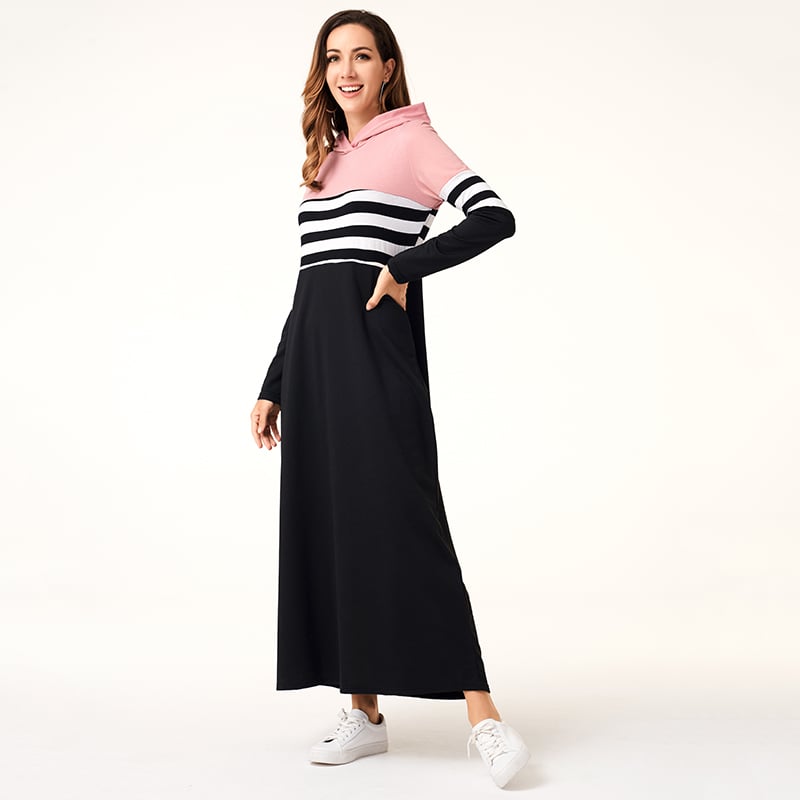 Robe à Capuche d’Automne pour Femme, Manches Longues, Patchwork Rayé, Coupe Ajustée