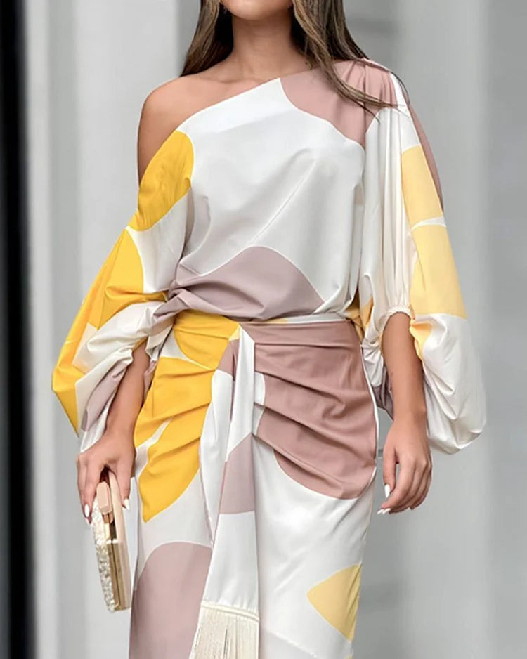 Ensemble Imprimé à Épaule Asymétrique Femmes – Élégant, Audacieux, Flatteur