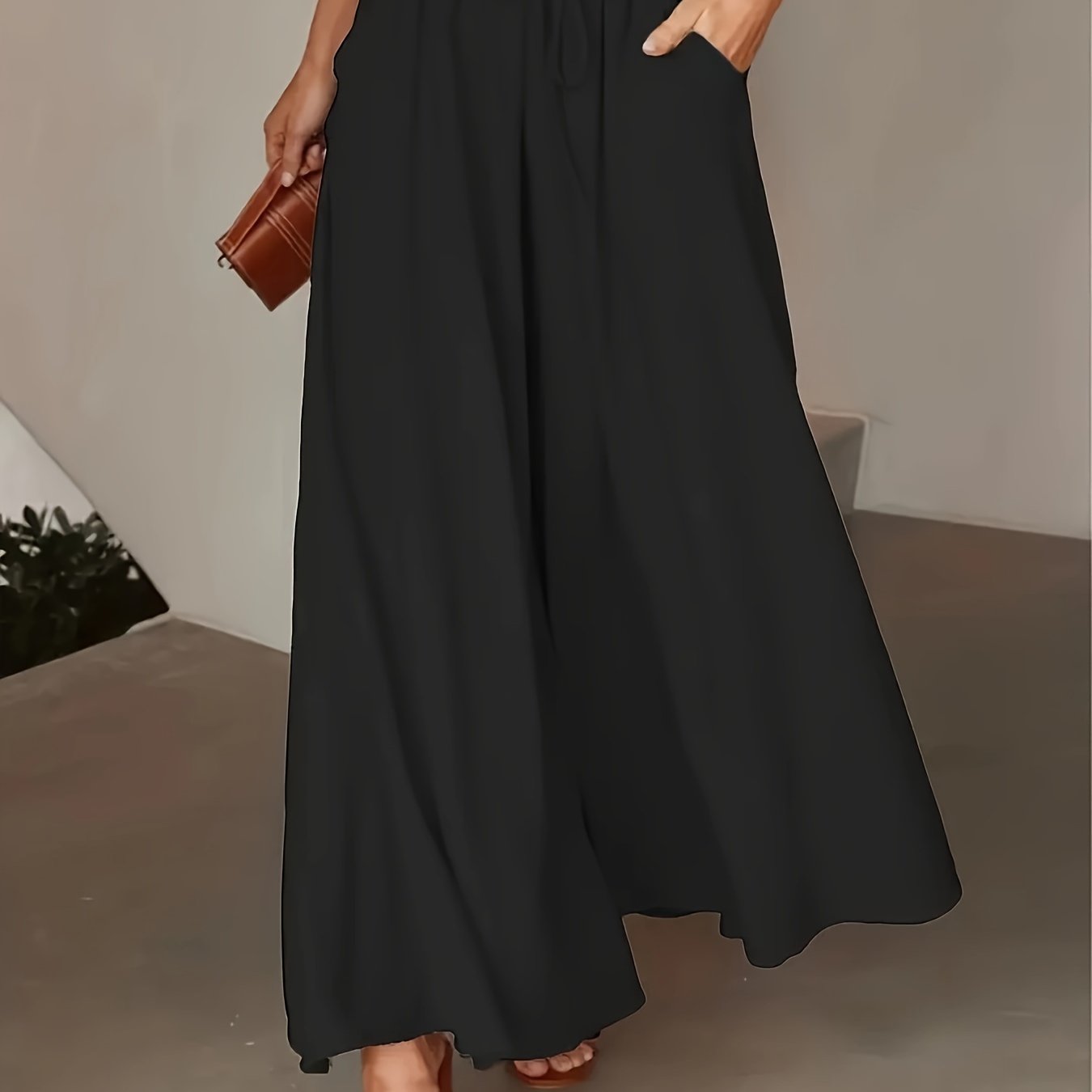 Pantalon Femme Jambe Large - Couleur Unie Élégante, Tissu Polyester Lisse Tissé - Décontracté Chic Toutes Saisons | Taille Micro-Élastique | Coupe Longue et Ample