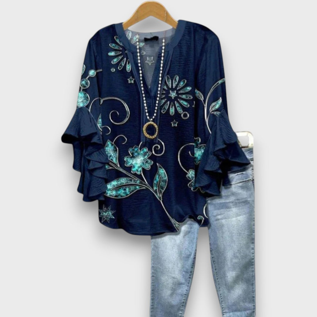 Women's Floral V-Neck Blouse with Ruffled Sleeves - Light and Romantic