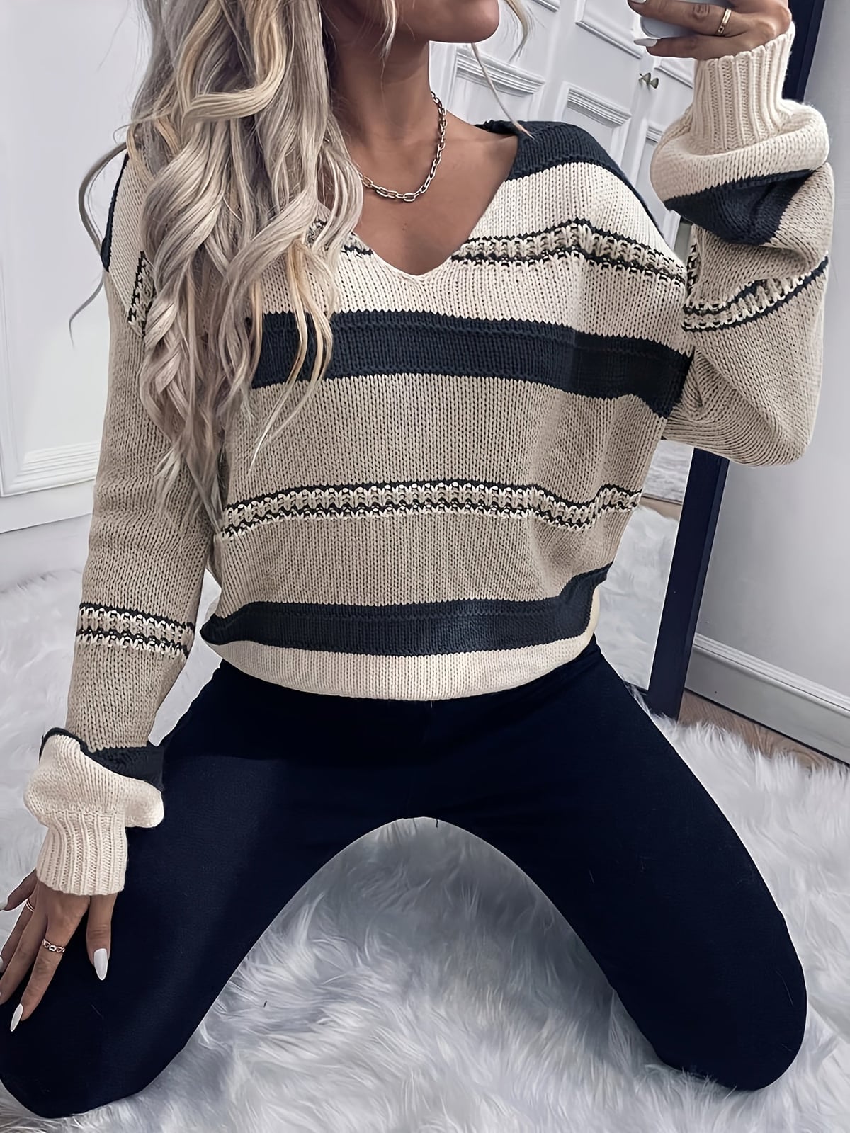 Jersey de mujer a rayas - De punto y con cuello de pico