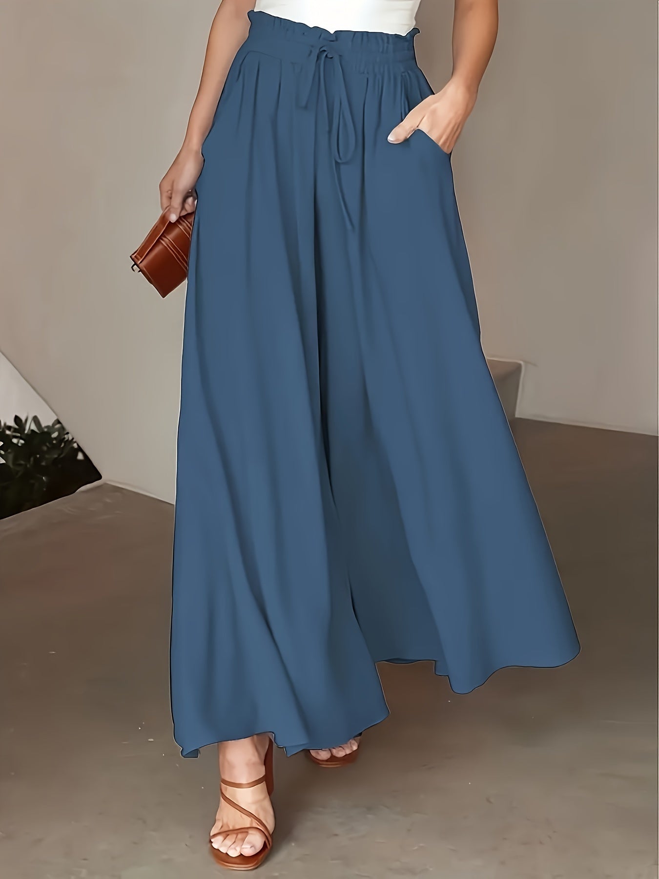 Pantalon Femme Jambe Large - Couleur Unie Élégante, Tissu Polyester Lisse Tissé - Décontracté Chic Toutes Saisons | Taille Micro-Élastique | Coupe Longue et Ample