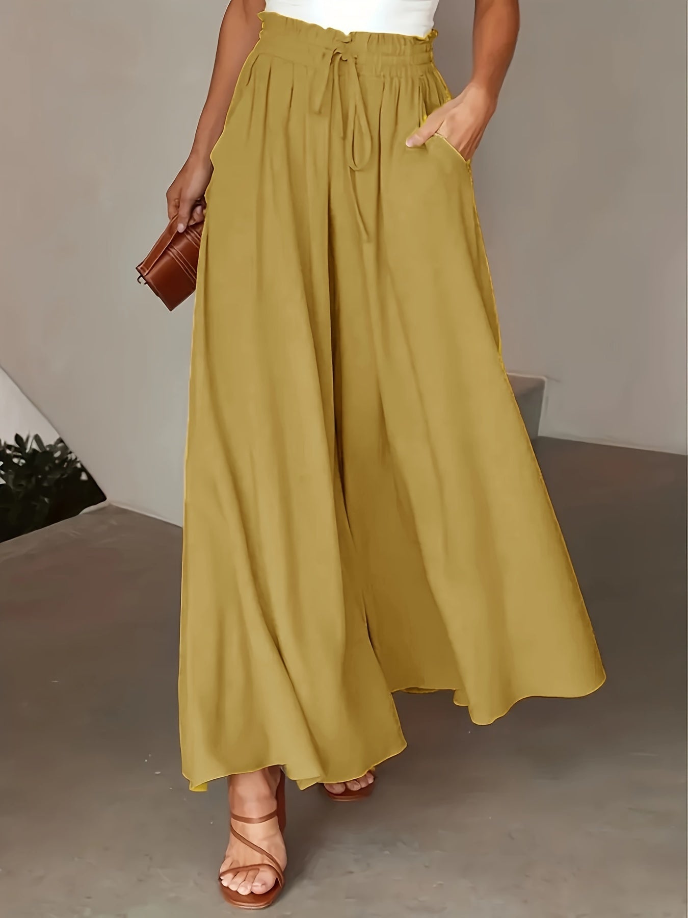 Pantalon Femme Jambe Large - Couleur Unie Élégante, Tissu Polyester Lisse Tissé - Décontracté Chic Toutes Saisons | Taille Micro-Élastique | Coupe Longue et Ample