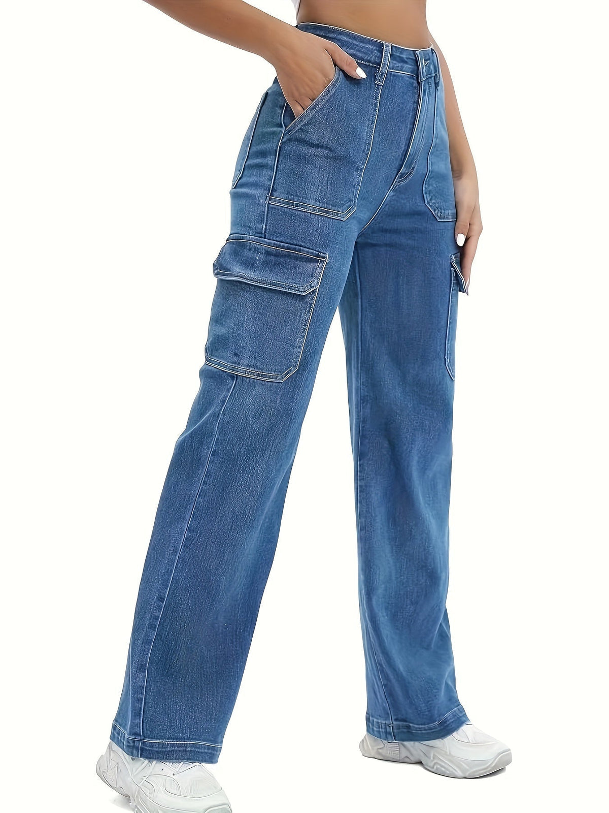 Pantalon cargo en jean taille haute pour femme – Jean décontracté à jambe large