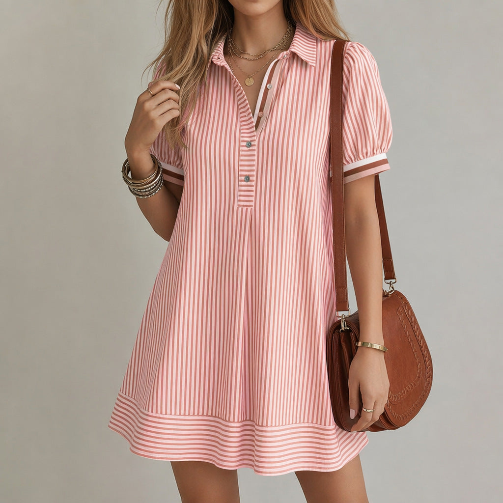 Striped shirt dress for women with a stand-up collar and puff sleeves