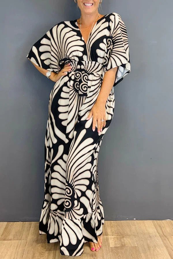 Combinaison Vintage Femme avec Imprimé Floral et Manches Volantes