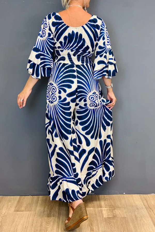 Combinaison Vintage Femme avec Imprimé Floral et Manches Volantes