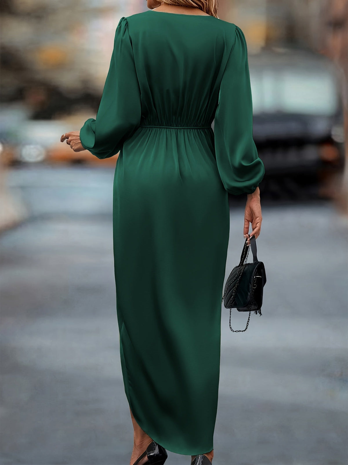 Elegant satin dress with puff sleeves and asymmetrical hem for women – Flowy mid-length flattering evening dress for guests