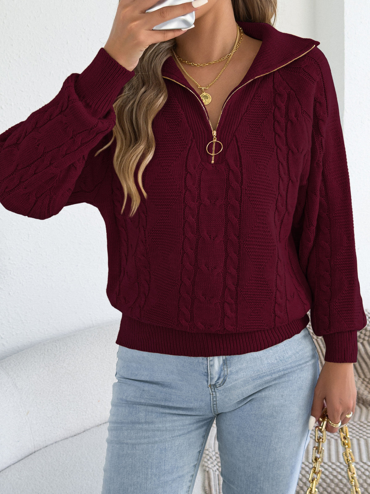 Pull femme torsade avec zip - Chaud et pratique