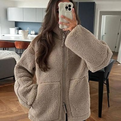 Fleece jacket with turned-down collar for women – Plain casual outerwear with pockets