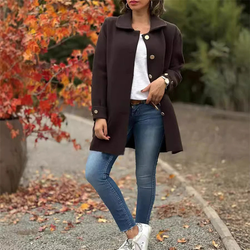 Manteau Long Élégant en Mélange de Laine – Manteau d’Hiver Classique à Revers
