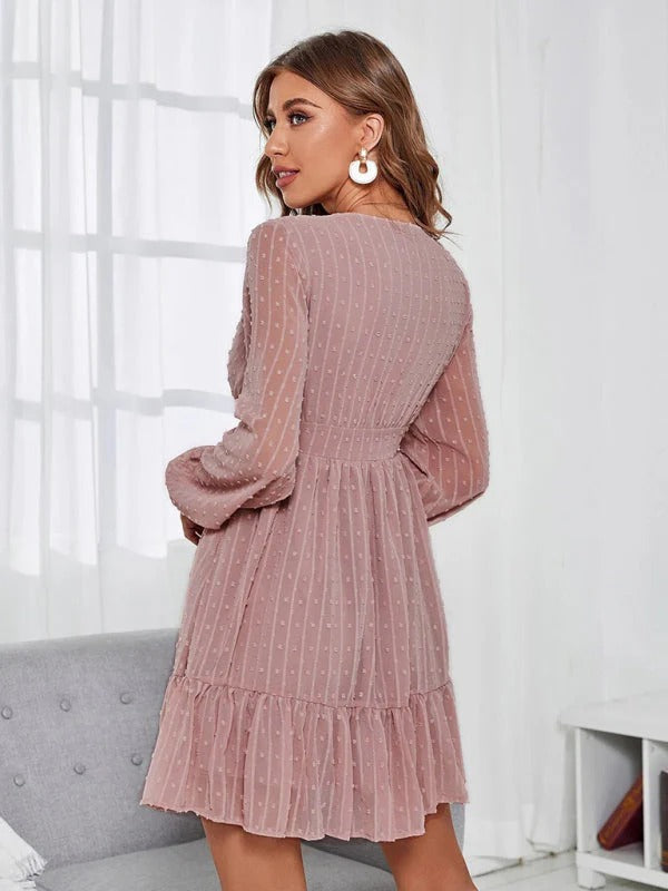 Elegant Short Dress for Women – Long Sleeves V-Neck Flared Cut