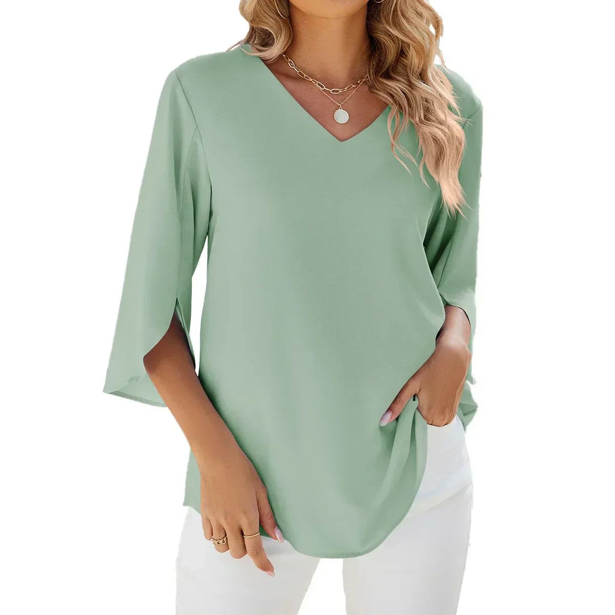 Blouse Élégante Femme Col en V Manches Trois-Quarts – Haut Léger Confortable Doux Unique au Quotidien ou au Bureau