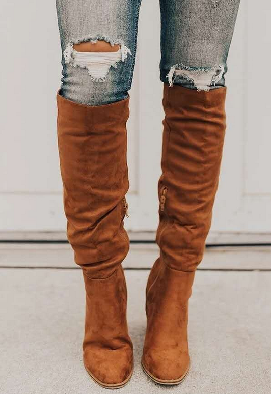 Bottes élégantes à talons hauts en daim jusqu’au genou pour femmes