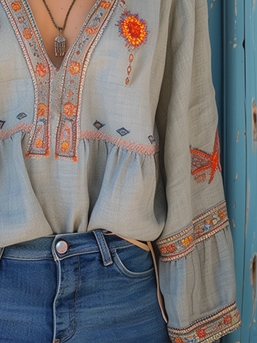 Blouse Bohème Décontractée pour Femme – Top d’Été Aéré à Col V et Broderie