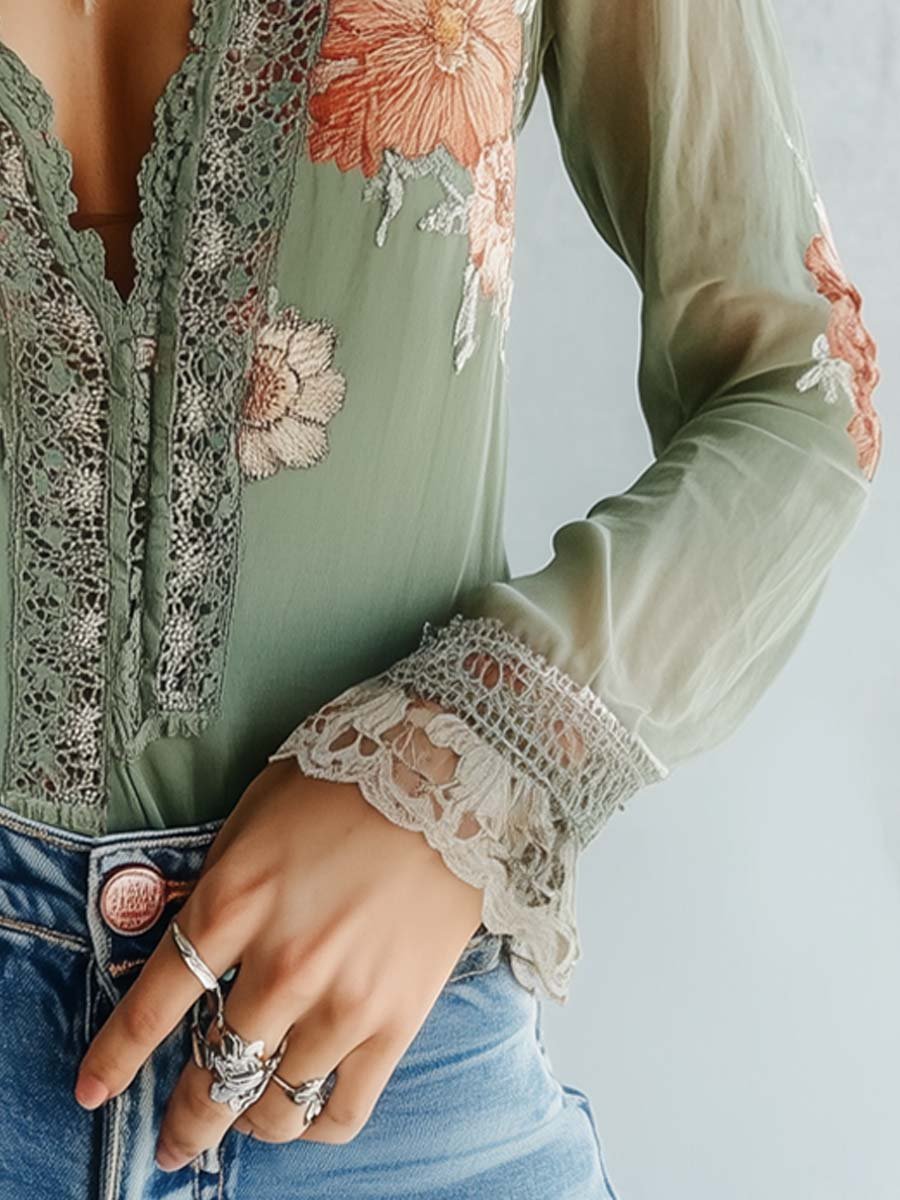 Blouse en Dentelle Florale Bohème Femme – Haut Ajusté à Col V Élégant