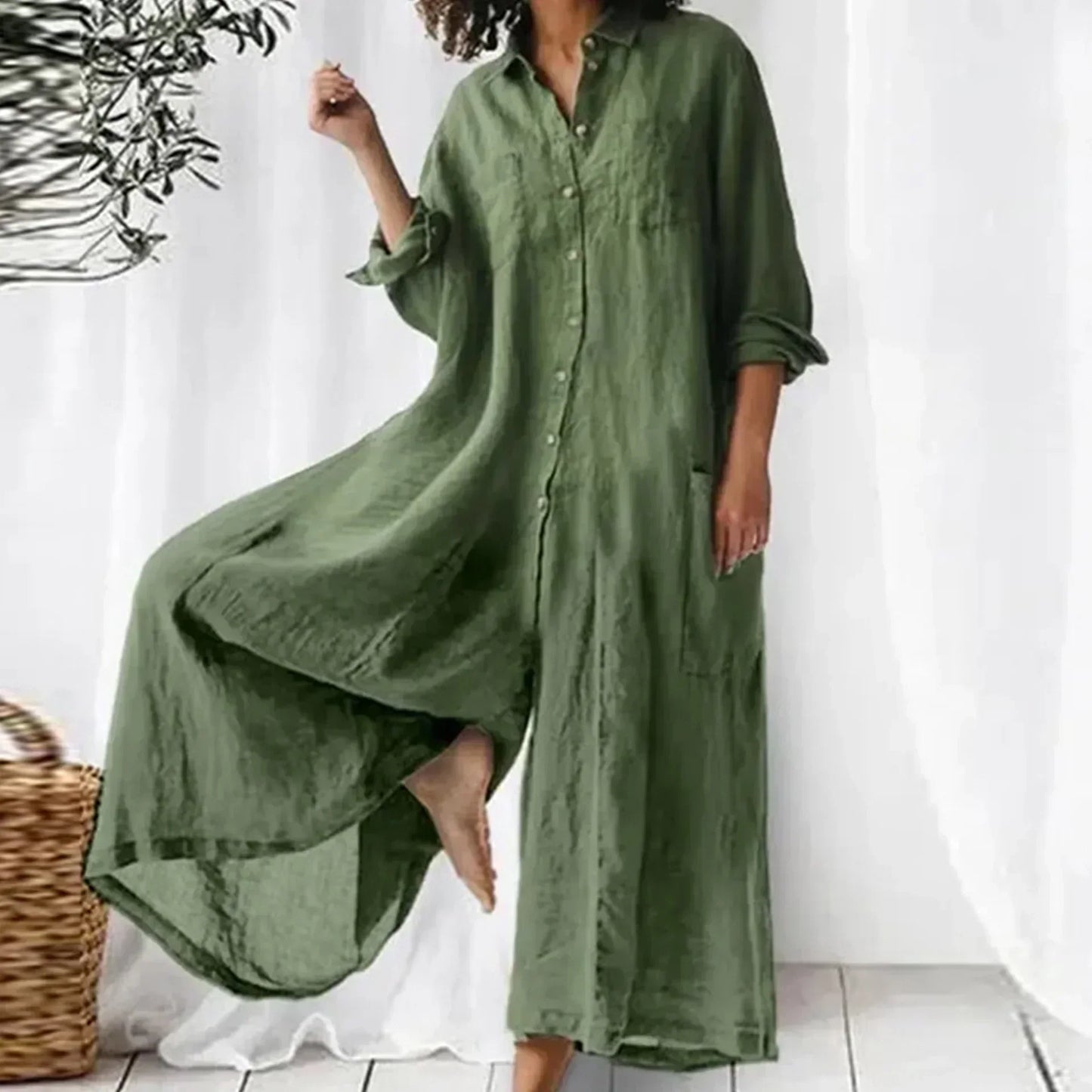 Combinaison ample légère boutonnée jambes larges femmes – confortable