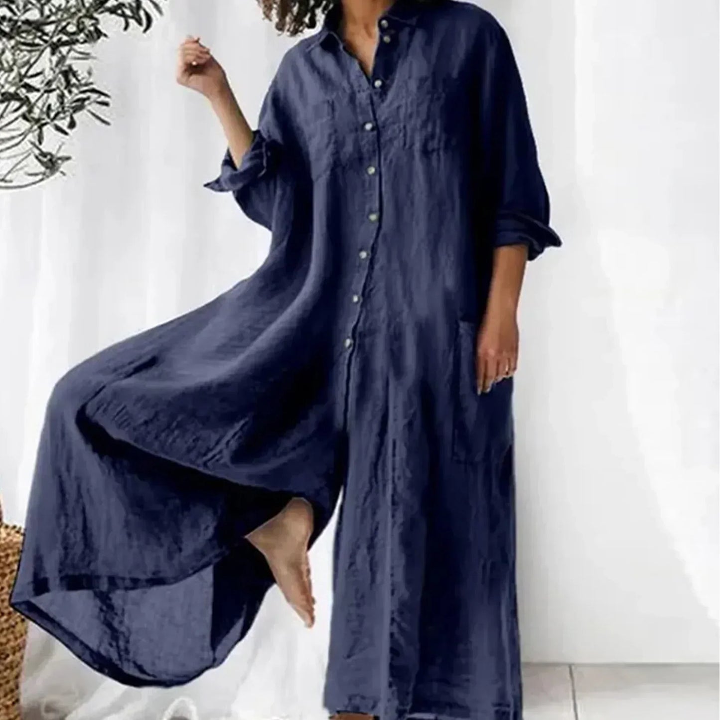 Combinaison ample légère boutonnée jambes larges femmes – confortable
