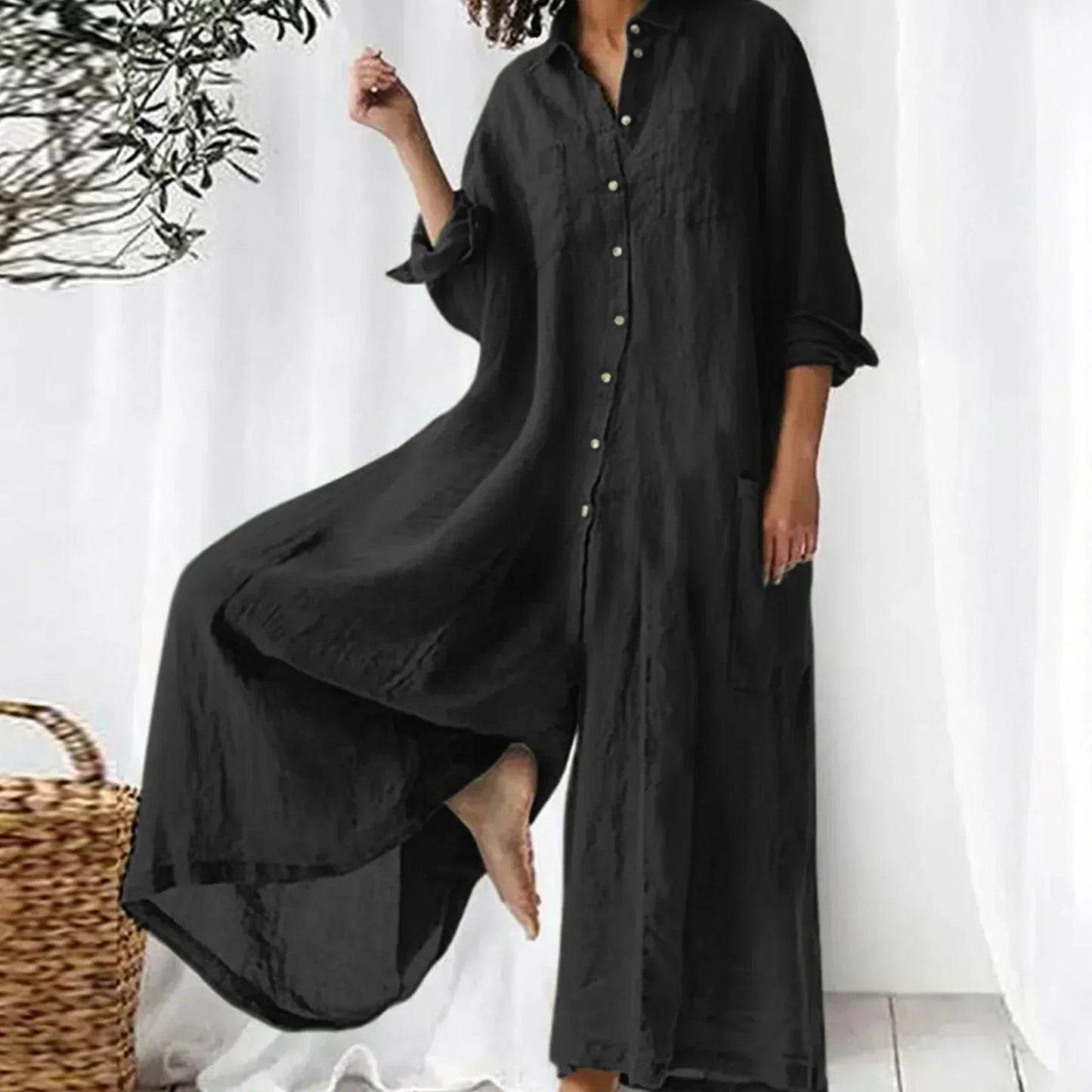 Combinaison ample légère boutonnée jambes larges femmes – confortable