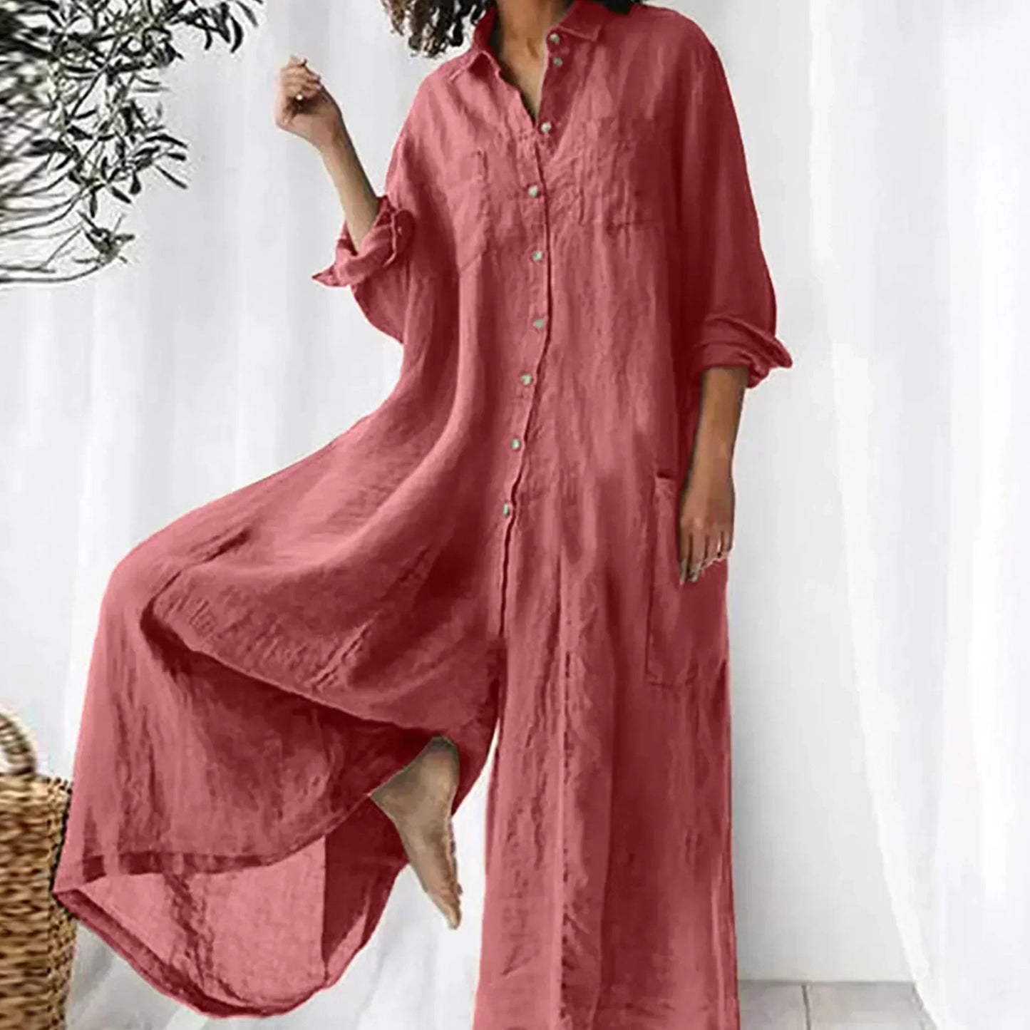 Combinaison ample légère boutonnée jambes larges femmes – confortable