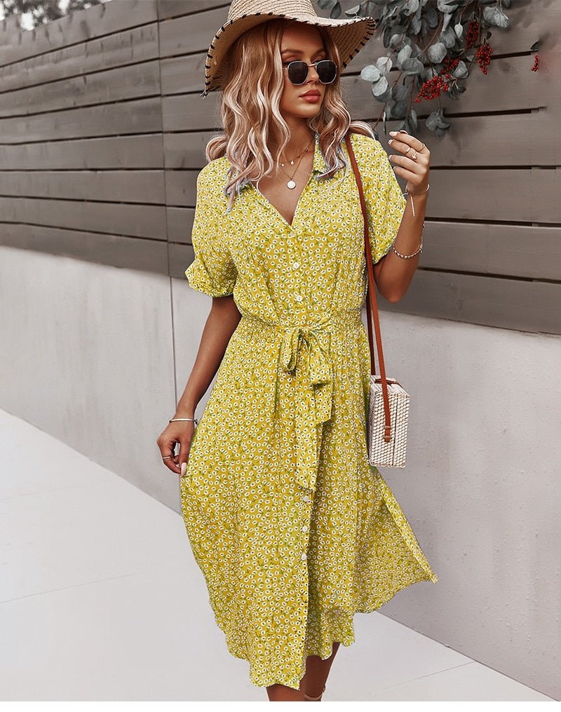 Robe d’été femme avec liens – Robe midi décontractée à fleurs et boutons