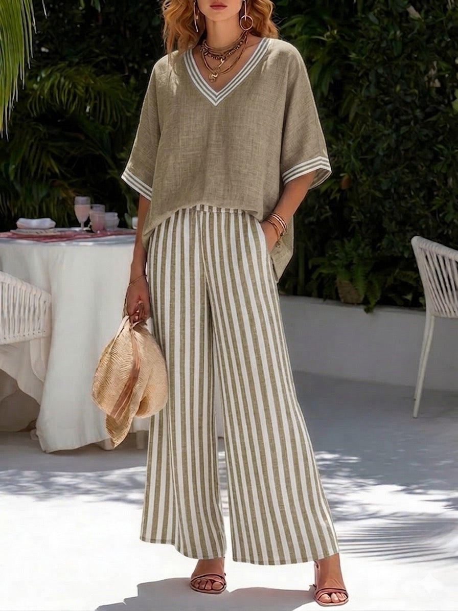 Ensemble femme rayé en tissu doux – Haut patchwork et pantalon assorti