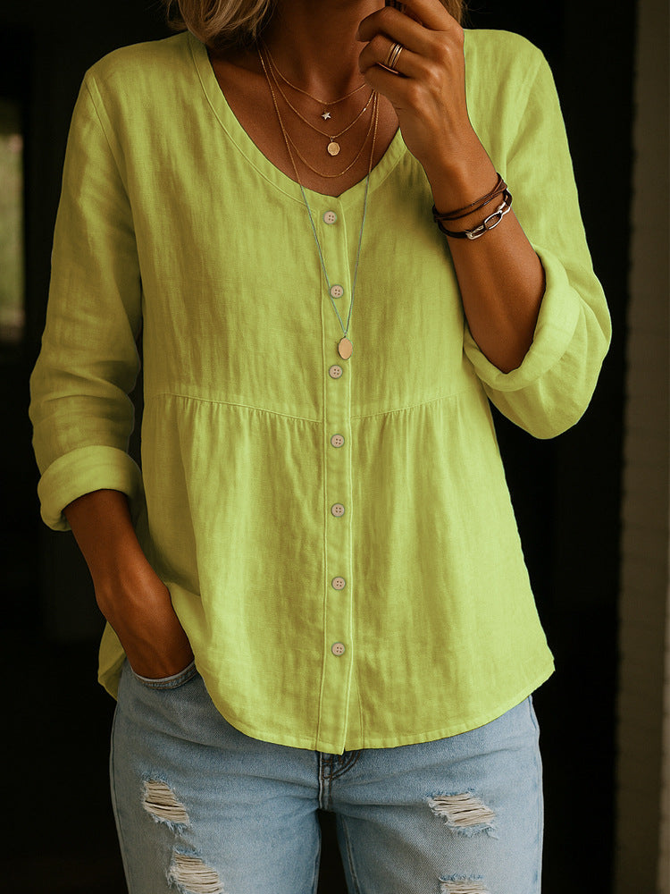 Women’s Linen-Cotton Blend Shirt – Loose Casual Blouse with 3/4 Sleeves and Round Neck