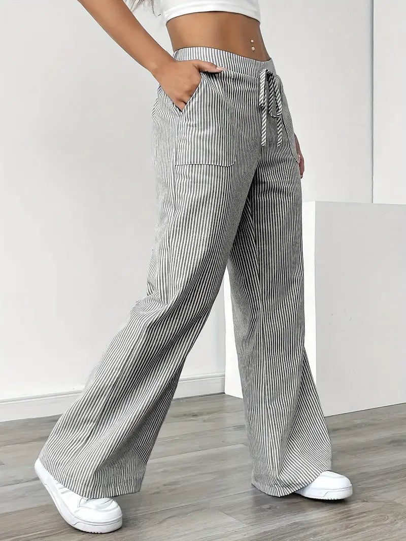 Pantalon Femme à Jambe Large Rayé – Taille Haute et Confortable
