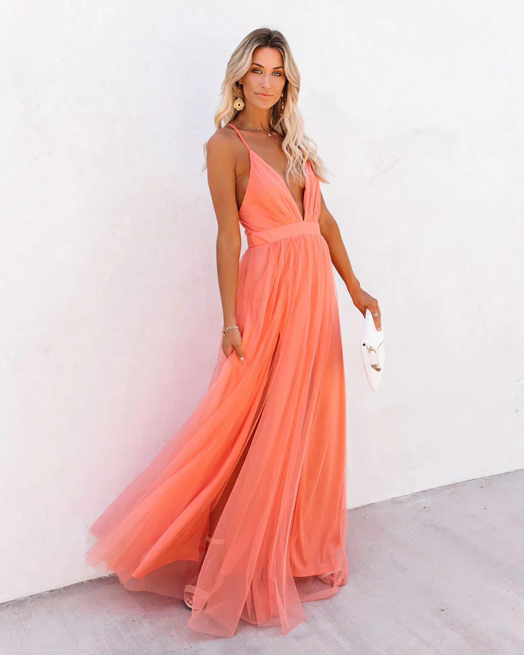Woman's Orange V-Neck and Flared Wedding Guest Dress Elegant, Luxuri Dolce-Paris Woman's Orange V-Neck and Flared Wedding Guest Dress Elegant, Luxuri Dolce-Paris