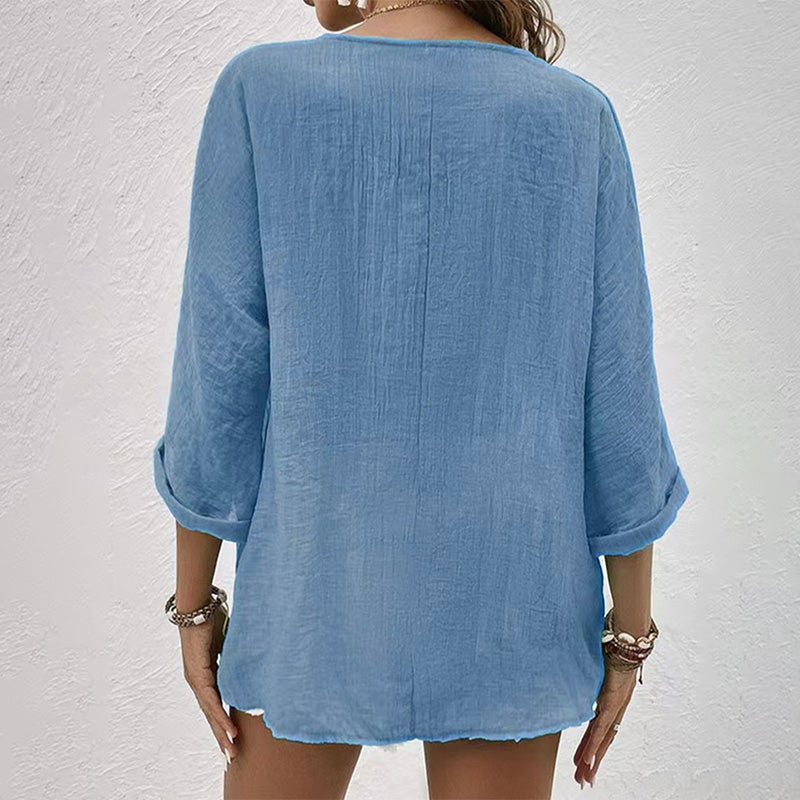 Chemise Décontractée à Col V pour Femme – Haut Boutonné à Manches Longues Uni