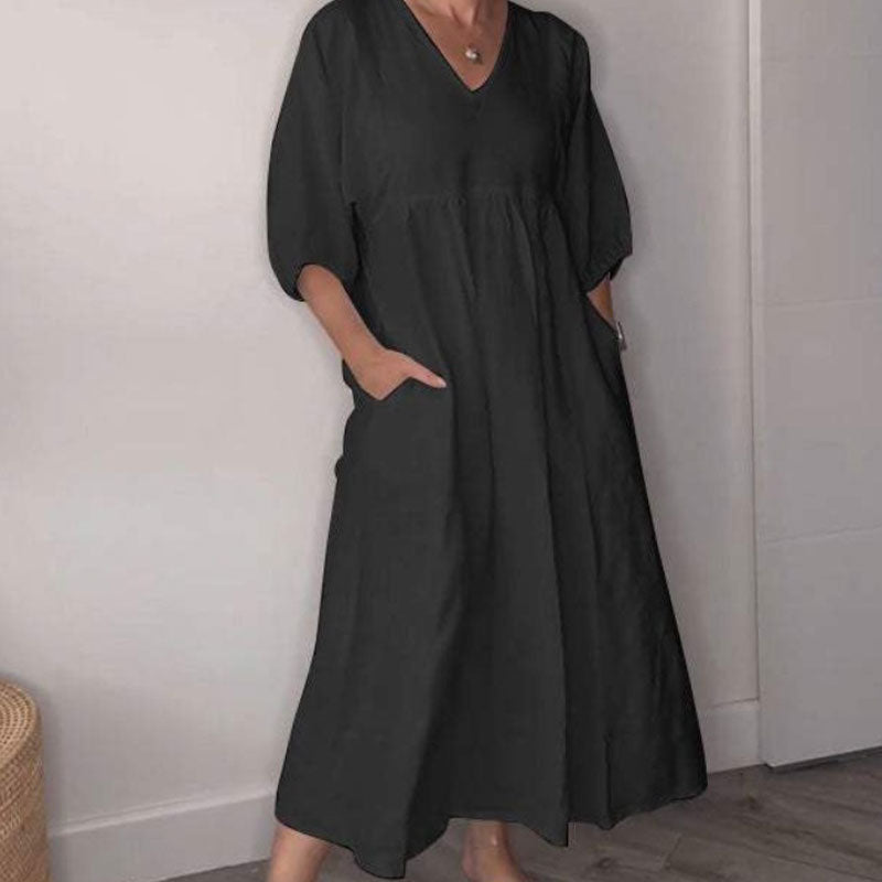 Comfortable V-neck women's midi dress – Chic and flowing
