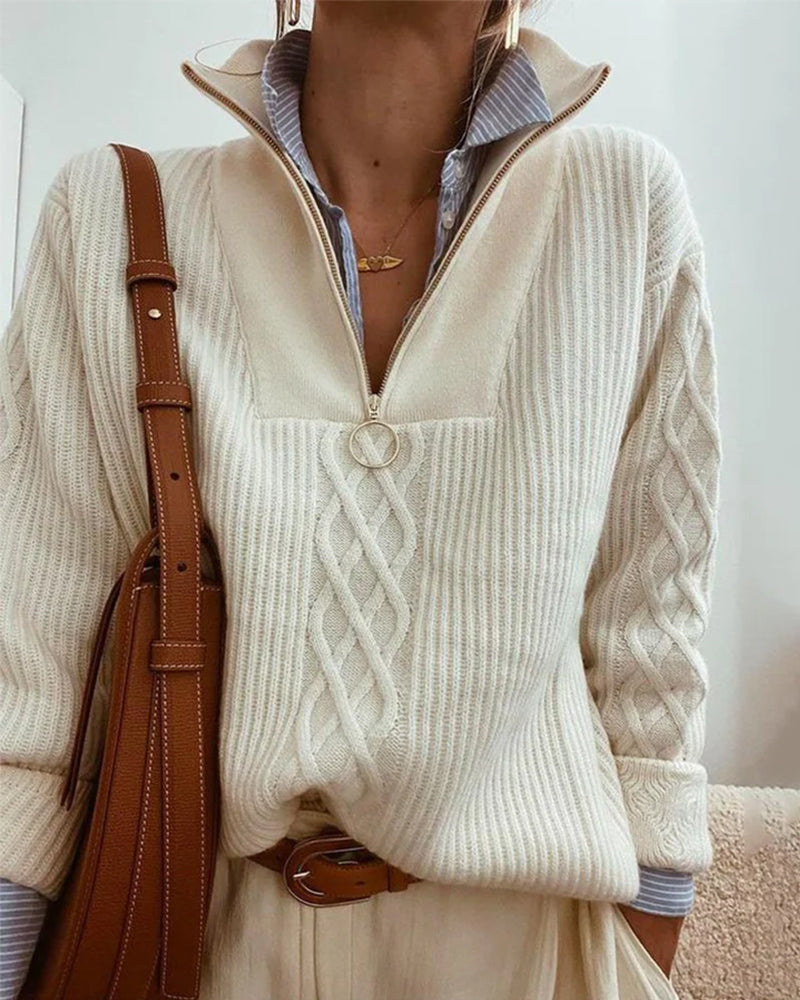 Women's half-zip cable-knit sweater - Soft and elegant