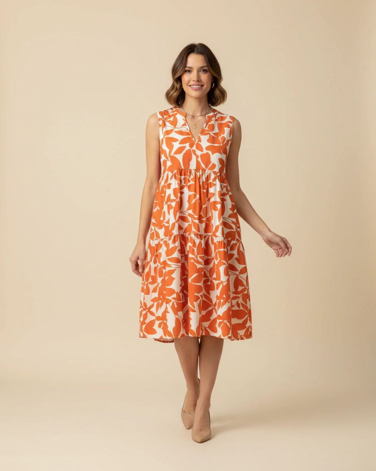 Robe Midi Femme A-Ligne Sans Manches – Imprimé Feuillage Élégant