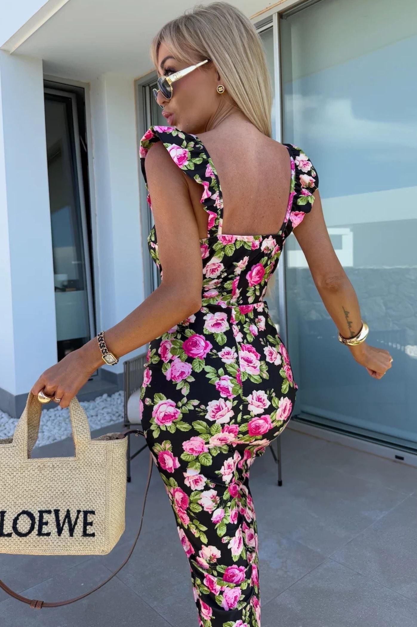 Robe Midi Femme Imprimée – Décolleté Cœur avec Bretelles à Volants et Fente Latérale