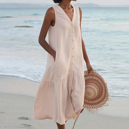 Robe d'été sans manches en lin pour femme – coupe ample et boutonnée sur le devant