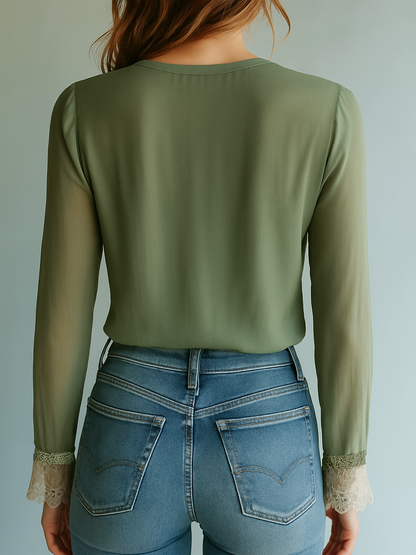 Blouse en Dentelle Florale Bohème Femme – Haut Ajusté à Col V Élégant