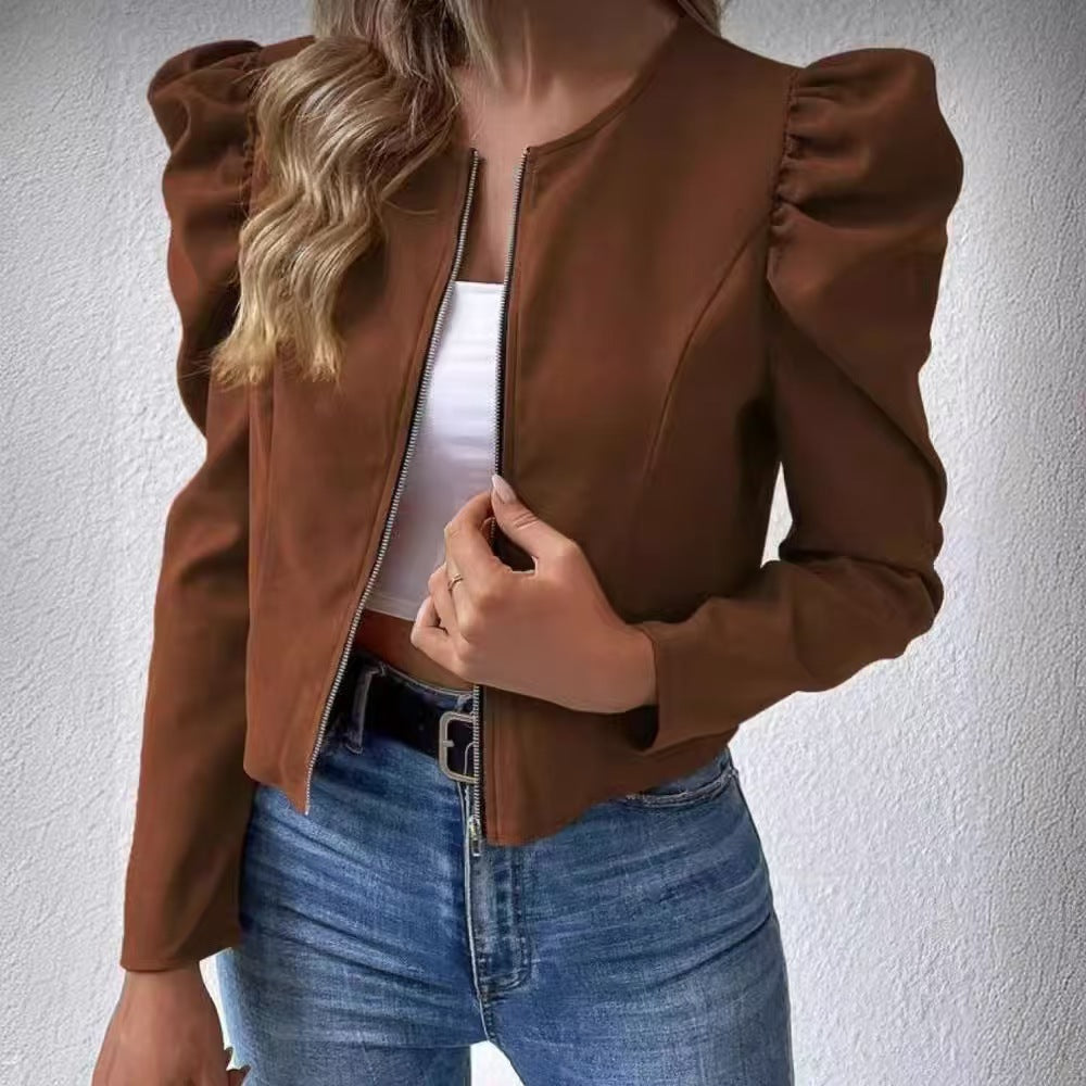 Cardigan da donna - Scollo rotondo, chiusura con cerniera e maniche a sbuffo