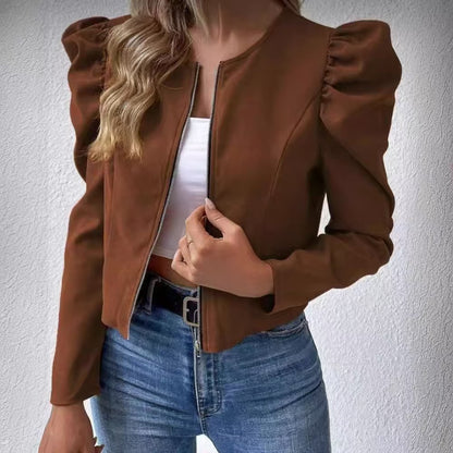 Cardigan da donna - Scollo rotondo, chiusura con cerniera e maniche a sbuffo