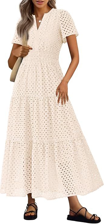 Robe Longue Fluide de Vacances à la Plage pour Femme – Style Col en V à Manches Courtes Eyelet