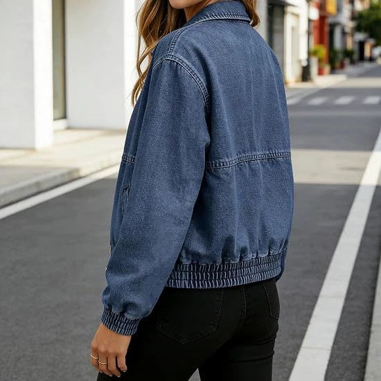 Unisex Retro Denim Jacket – Casual Vintage Style with Lapel Collar and Zip Closure
