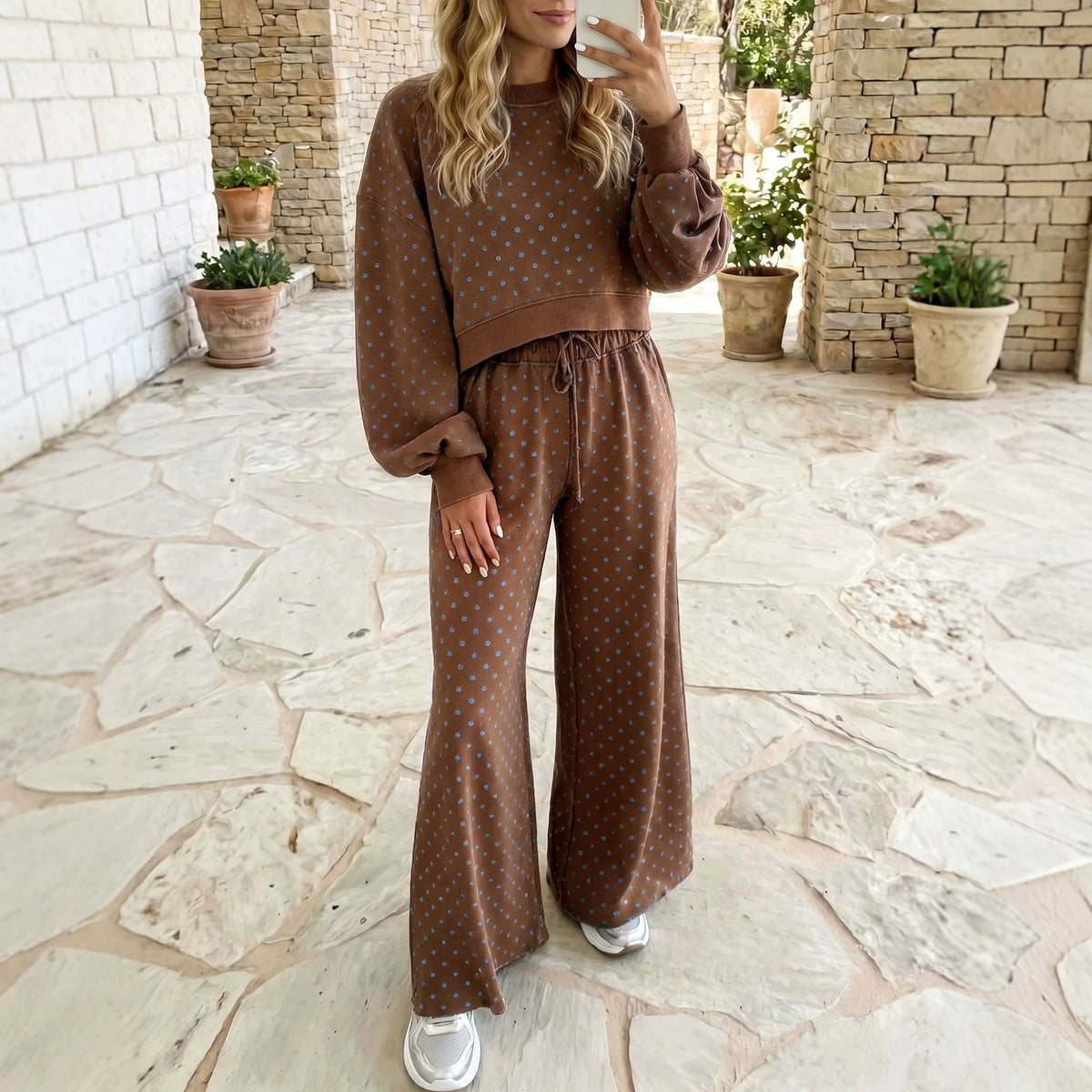 Ensemble pantalon femme a pois taille haute - Fluide et decontracte