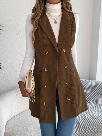 Veste-gilet longue en velours côtelé unie pour femme – Modèle décontracté à double boutonnage et poches, idéal pour jouer les superpositions