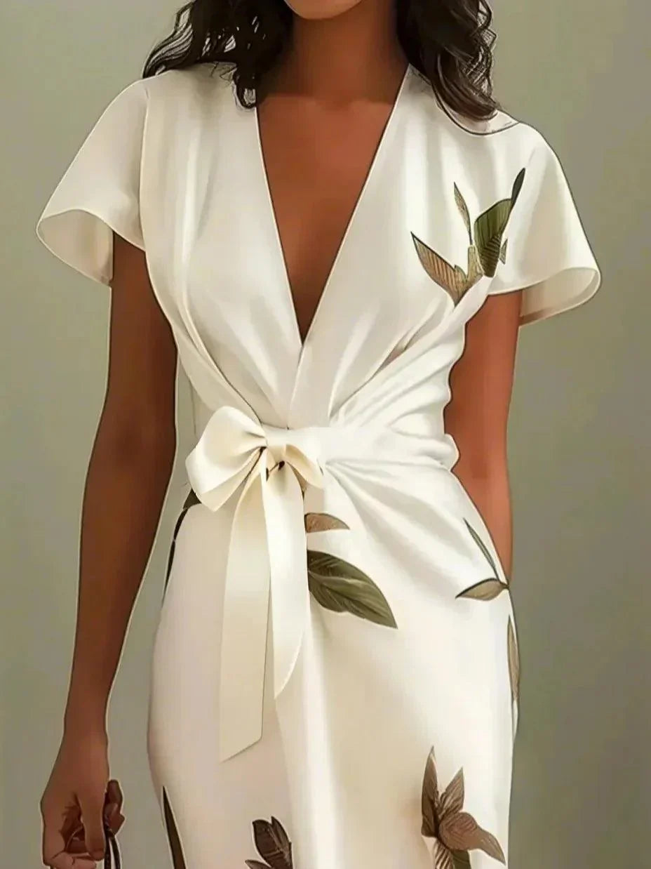 Robe Midi Portefeuille Élégante en Satin Femme – Imprimé Floral Manches Courtes