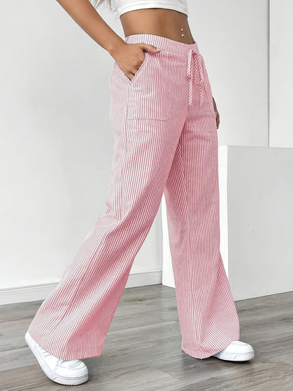 Pantalon Jambe Large à Poches Latérales, Imprimé Rayé Décontracté Taille Cordon, Printemps &amp; Été, Vêtements pour Femmes
