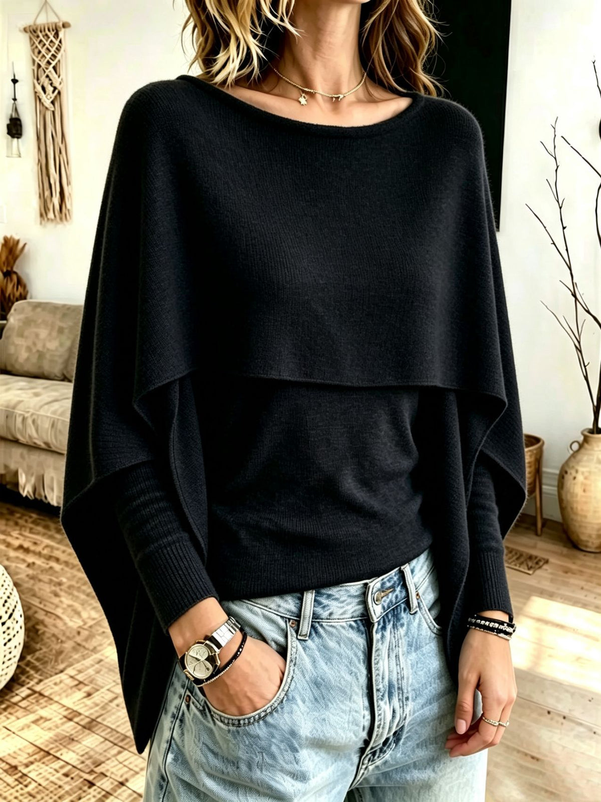 Maglione da donna in maglia effetto scialle a due pezzi – Uno stile chic, a strati e avvolgente