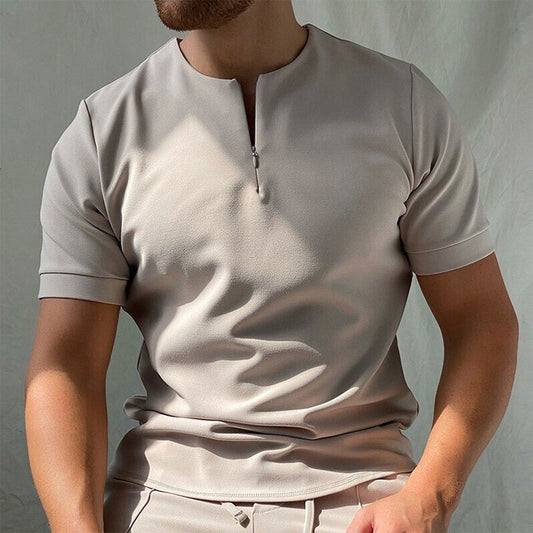 Men's Premium Short-Sleeved Shirt with Zipper – Casual Collarless Henley Top