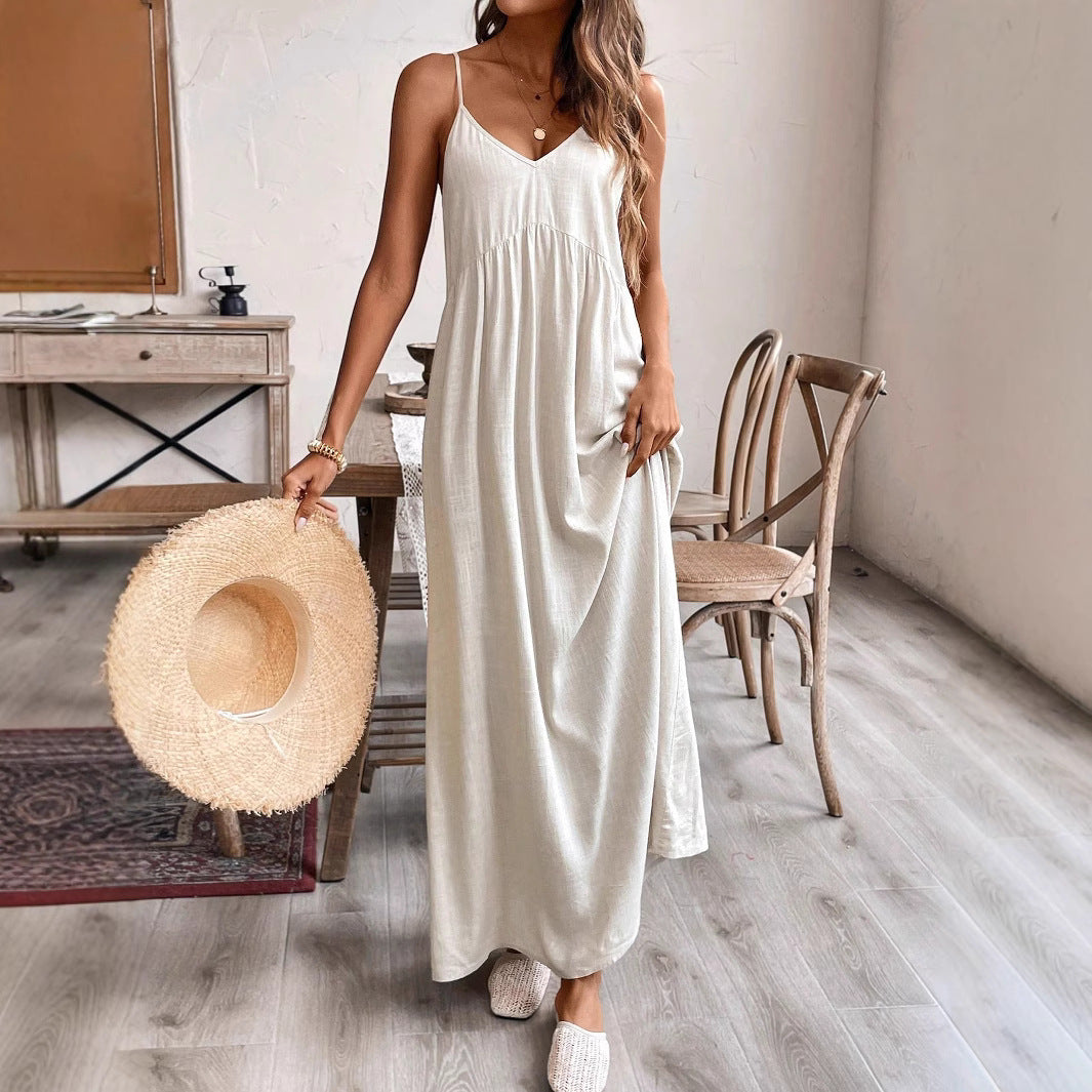 Vestido largo de mujer con corpiño y corte trapecio amplio