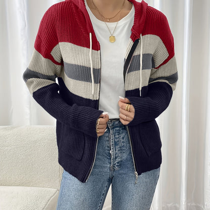 Women's zip-up color-block hooded cardigan - Comfortable and modern